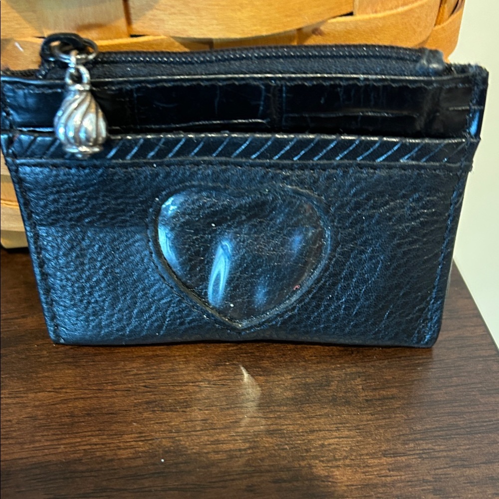 Brighton Black Leather Heart Card Holder with Silver Charm